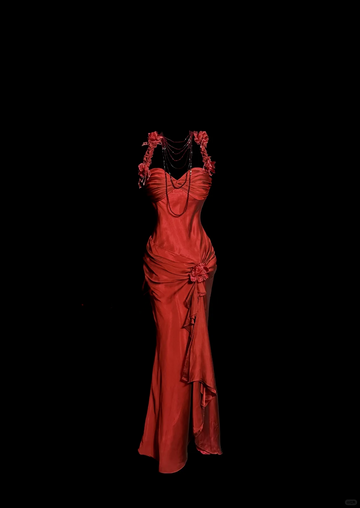 Mermaid Halter Neckline Red Satin Prom Dress Ruffle Long Party Dress SD2912 HZ0628